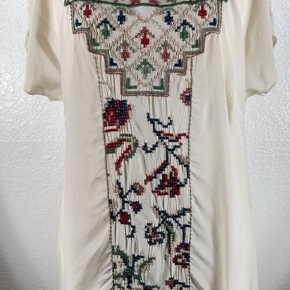 4 Love and Liberty by Johnny Was Cross stitching Silk Tunic M NWT - Picture 2 of 5